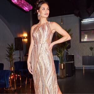 Adrianna Papell Gold One shoulder Sequins Column Formal Gown NEW 2